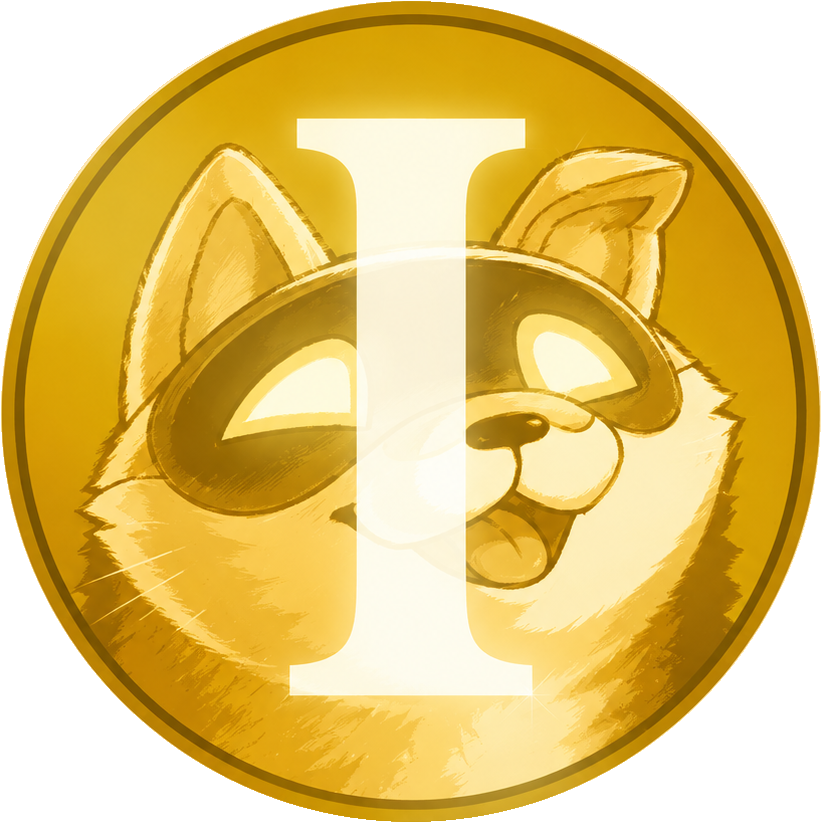 A happy masked Inu on a golden coin with a large white letter I